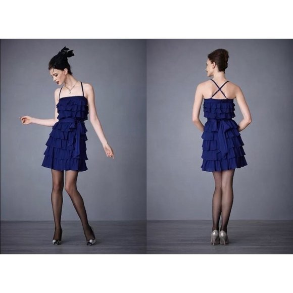 Size 12 NEW$200.00 ANTHROPOLOGIE VA ET VIEN SILK BLUE‎ RUFFLE PARTY DRESS W/TIE - Picture 1 of 13